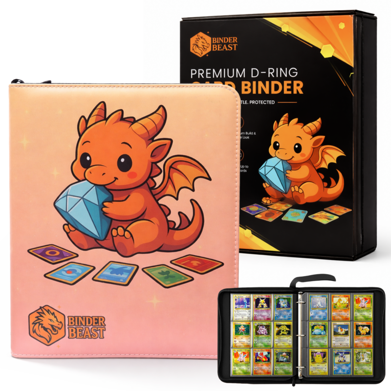 Binder Beast Dragon Design Pokemon Card Binder - 9 Pocket 900 Capacity Premium D-Ring Zip Binder with Gift Box and Trading Card Pages