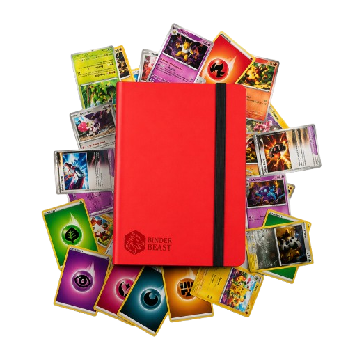 Red Trading Card Binder Front View with Black Elastic Strap and Binder Beast Logo