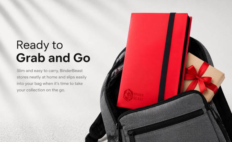 Red Card Binder Open with Pokemon and Trading Cards Displayed in Crystal Clear Pockets